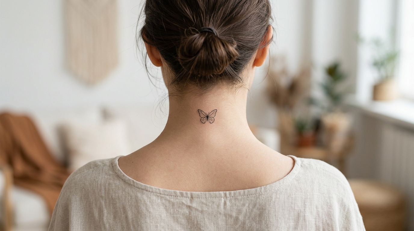 Маленькая тату-бабочка на задней части шеи девушки