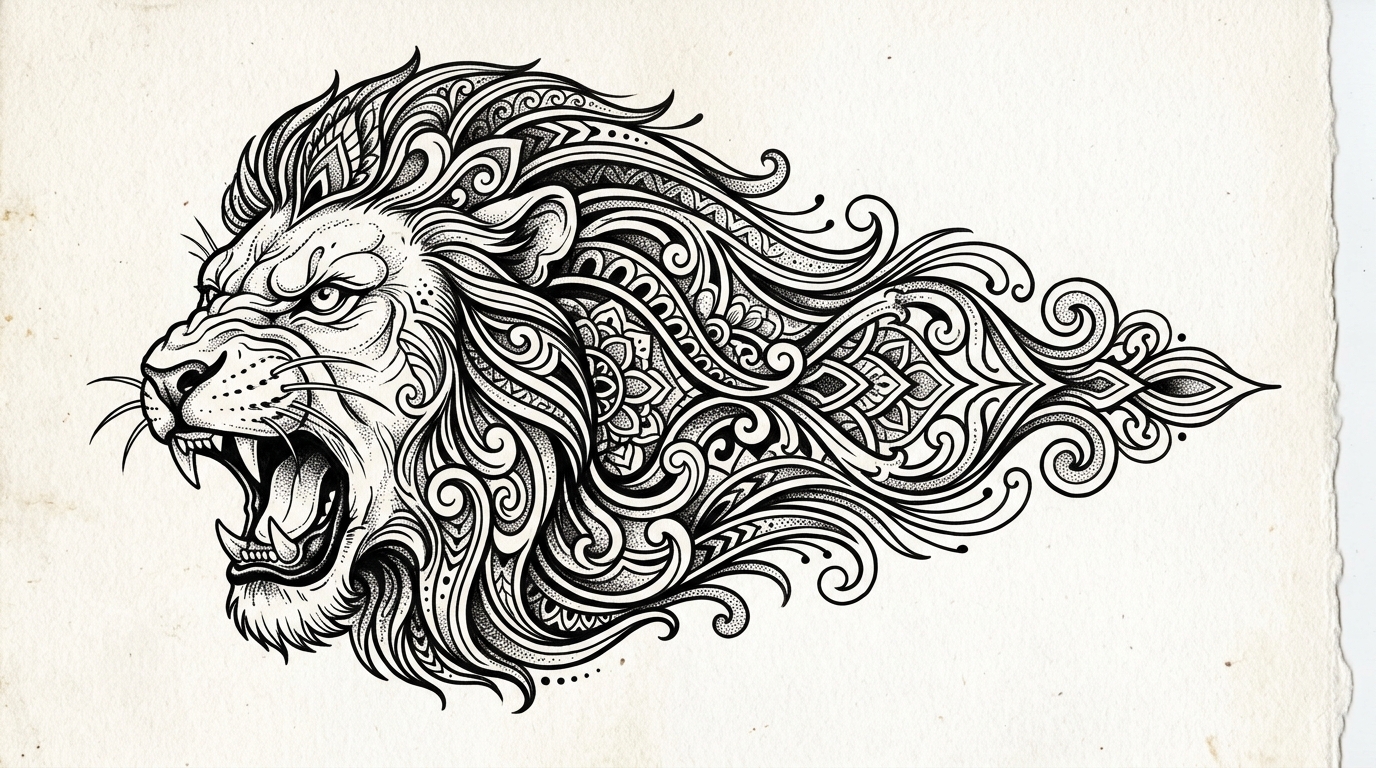Эскиз тату льва для грудной клетки в стиле графика