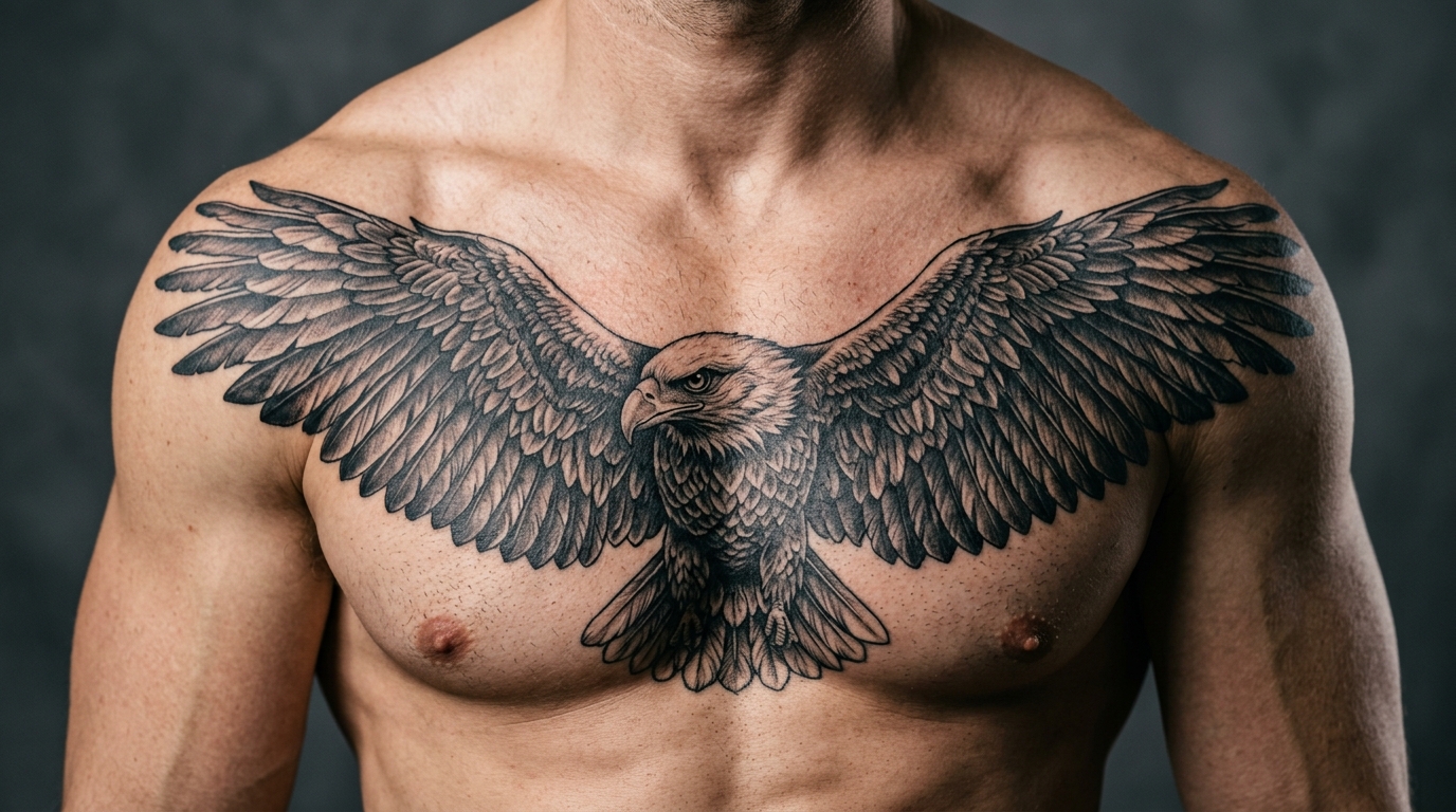 Мужская тату орла с расправленными крыльями на груди