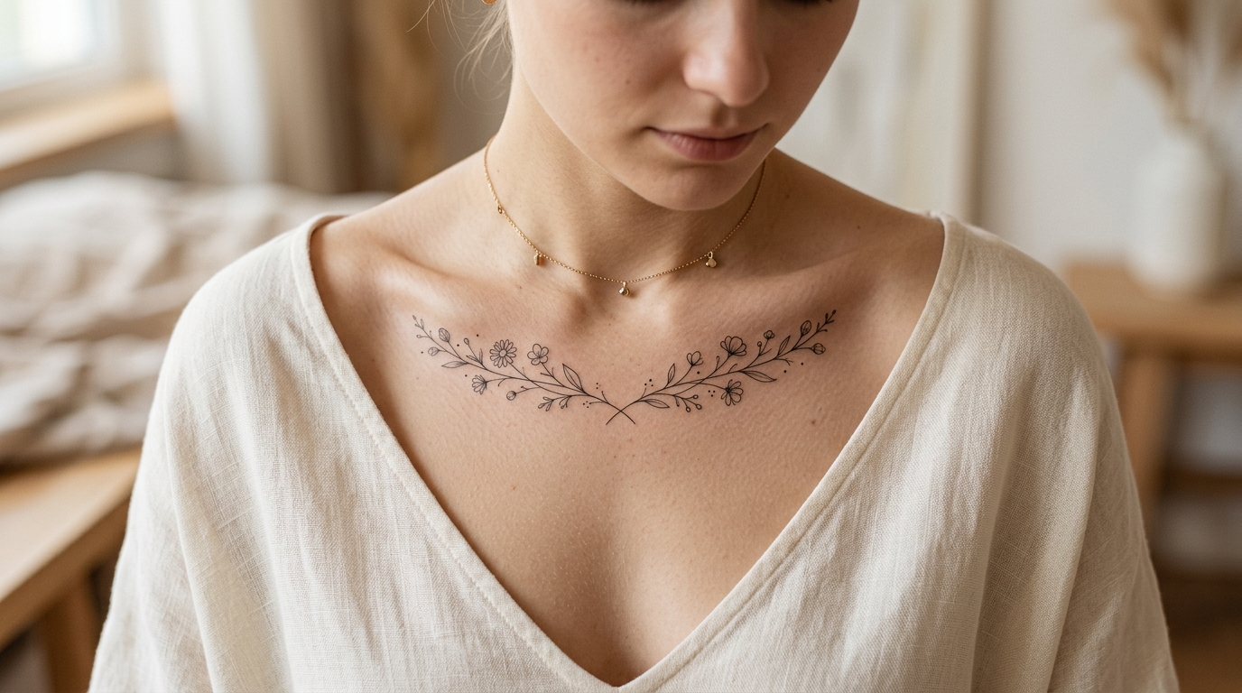 Женская тату цветочная гирлянда на ключицах