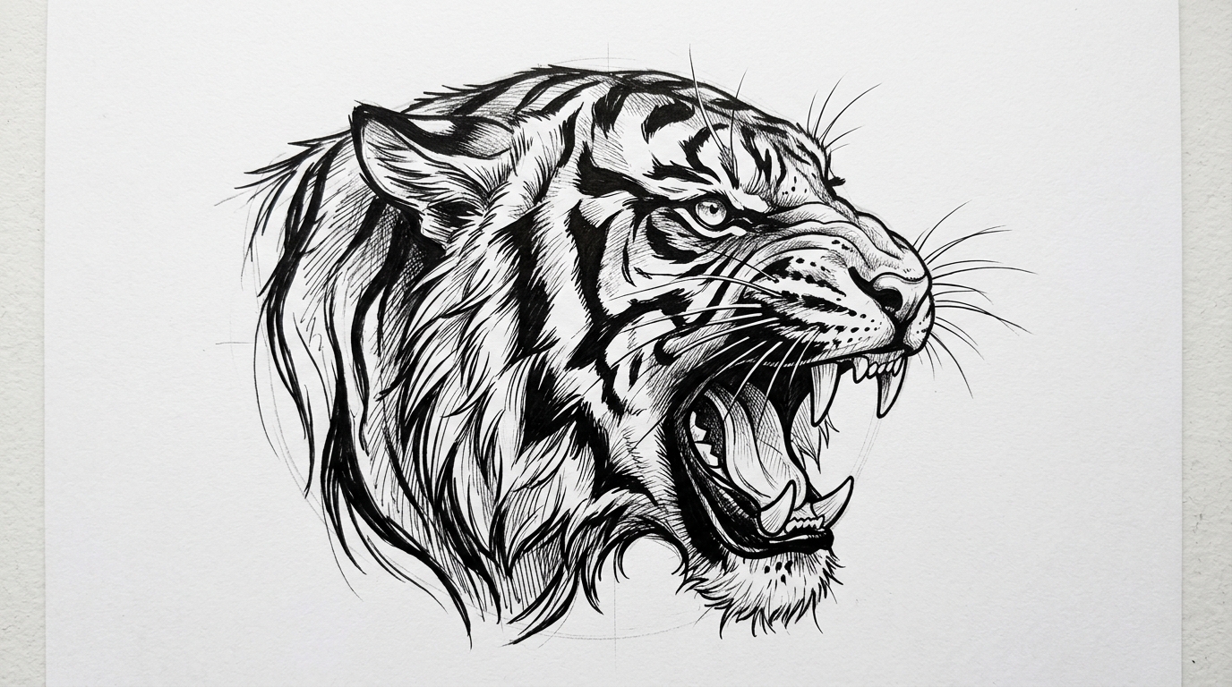Эскиз тату тигра для мужской грудной клетки
