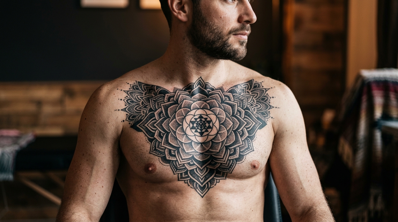 Геометрическая тату мандала на мужской грудной клетке