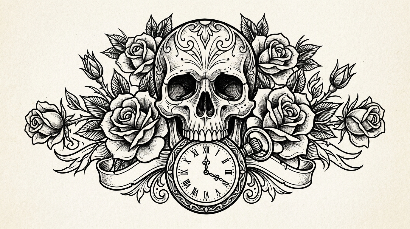 Эскиз тату черепа с розами в стиле олд скул