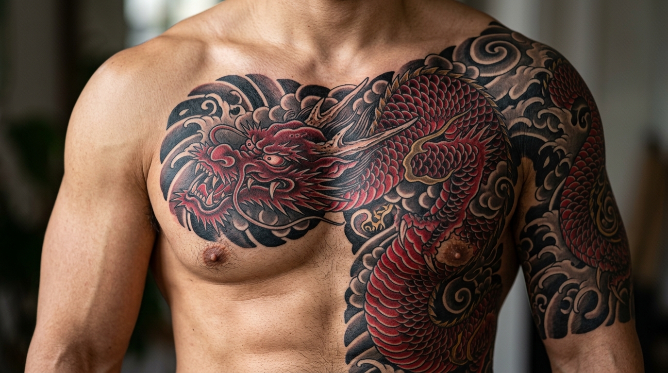 Тату японского дракона на мужской груди