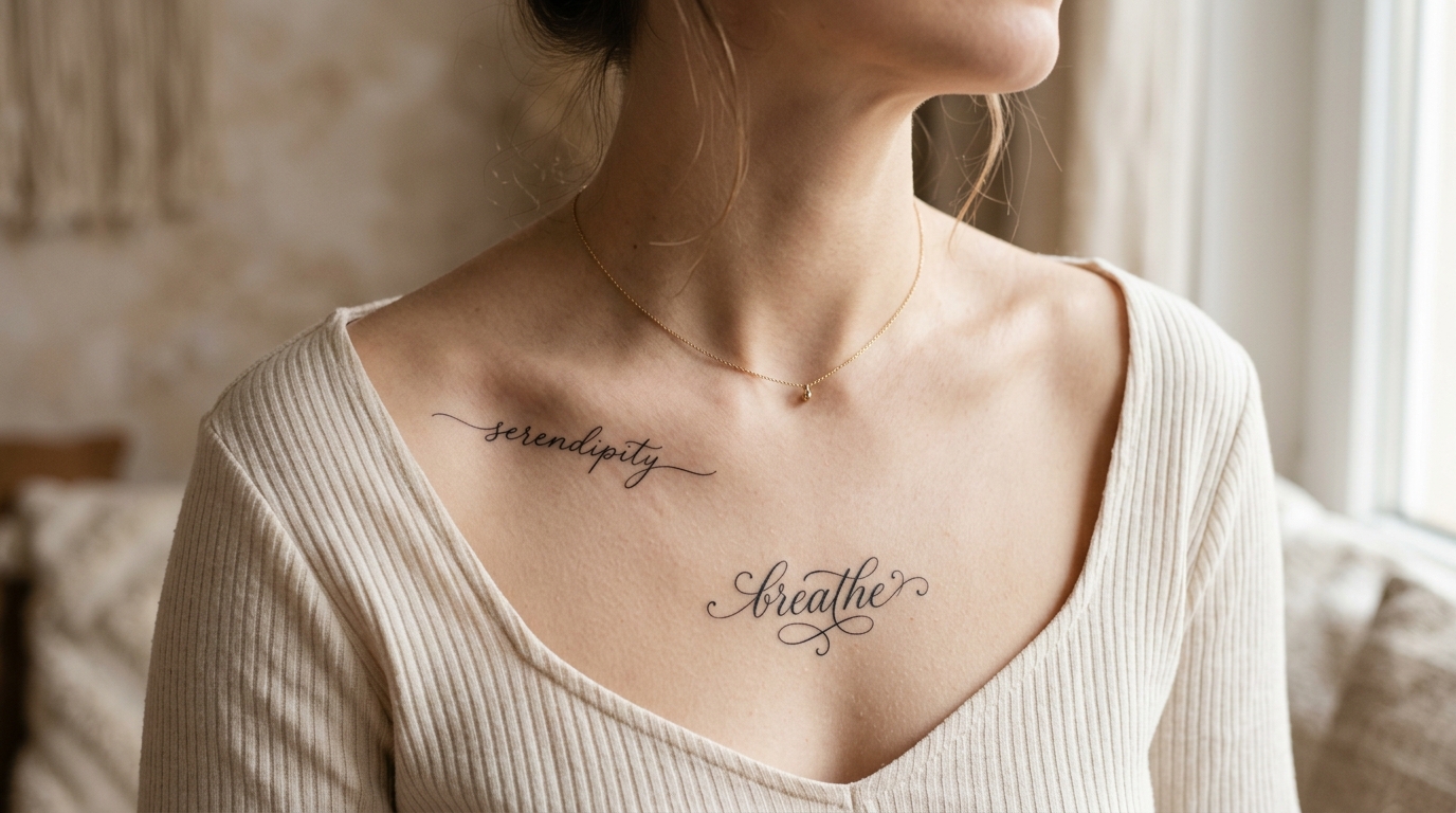 Женская тату надпись на грудине курсивным шрифтом