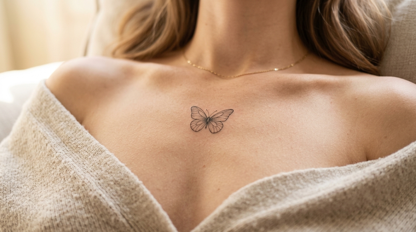 Минималистичная тату бабочки на груди у девушки