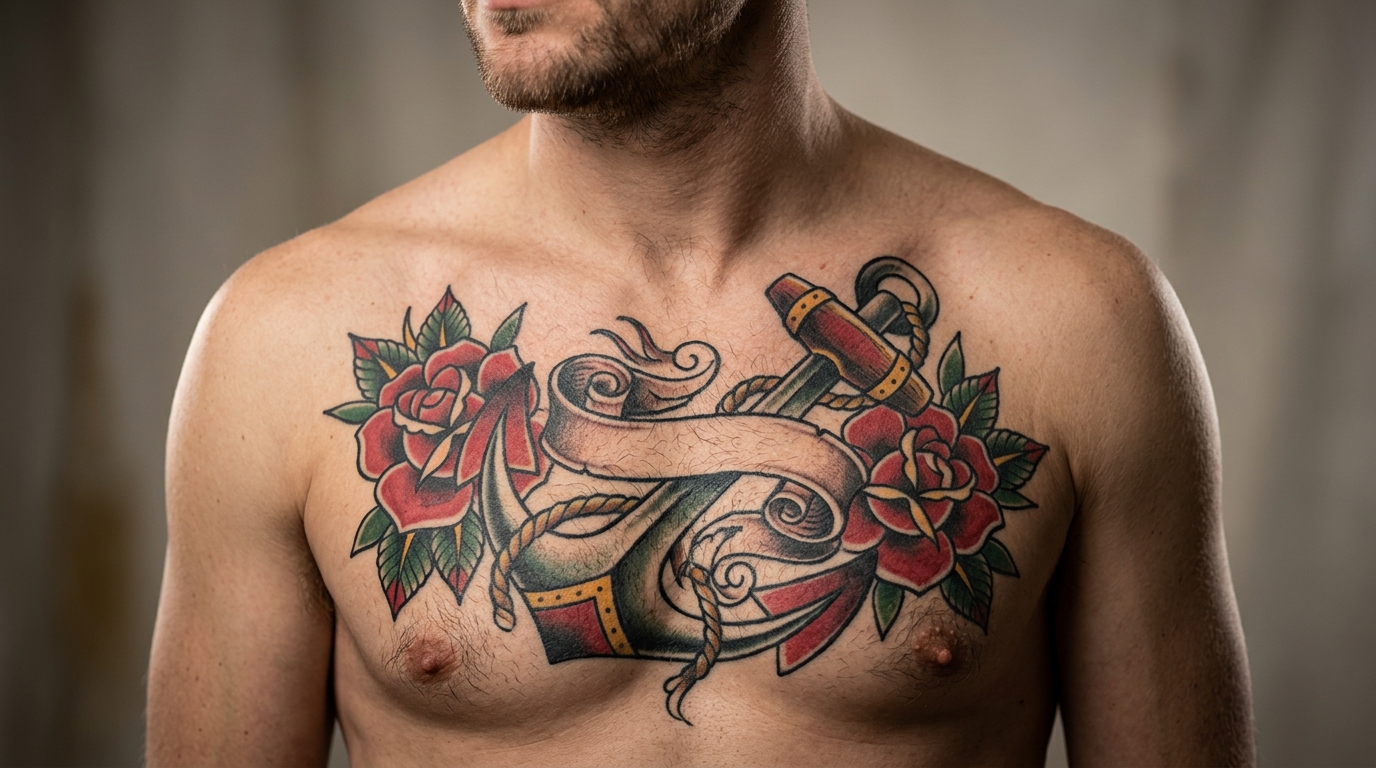 Мужская тату в стиле олд скул на грудной клетке