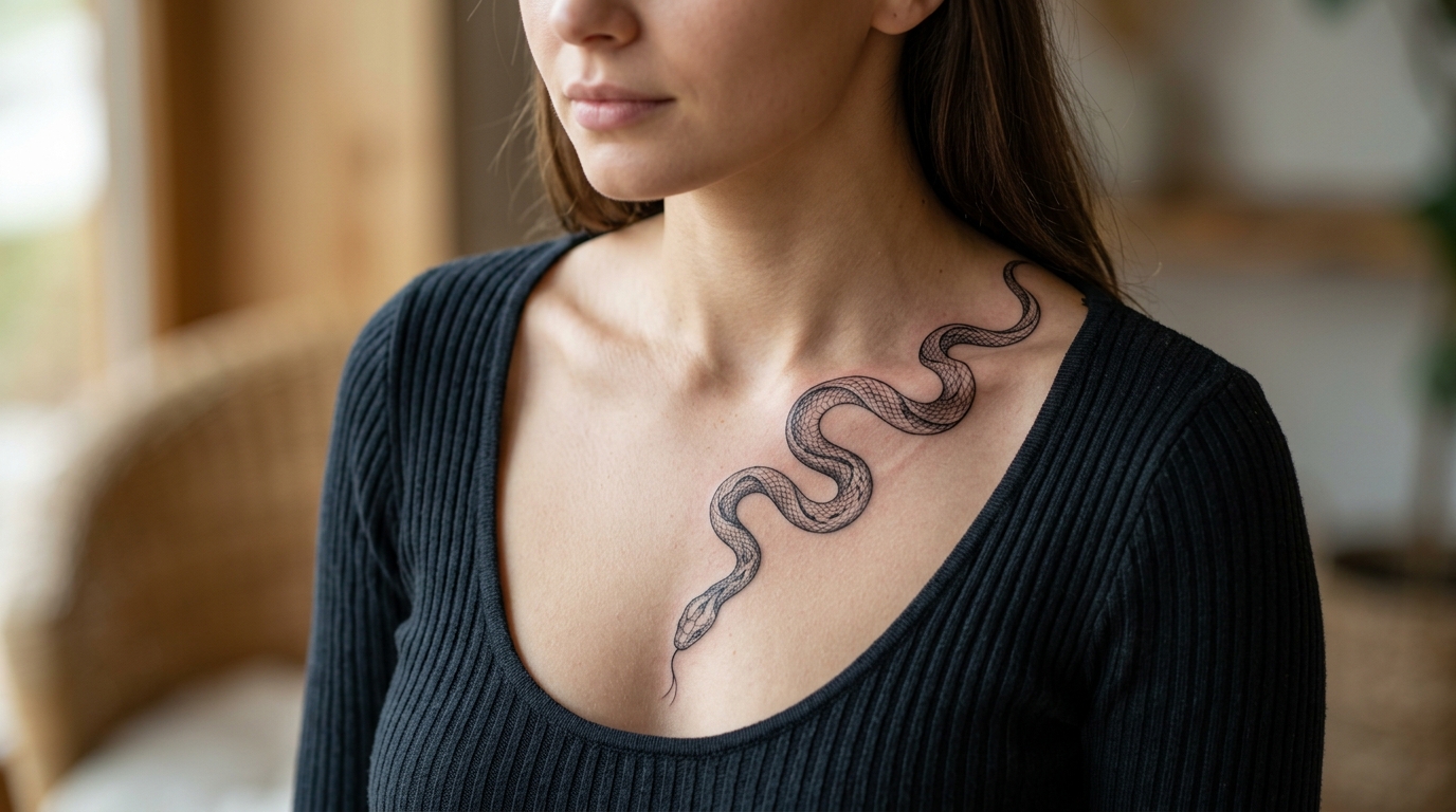 Женская тату змеи вдоль ключицы и грудины