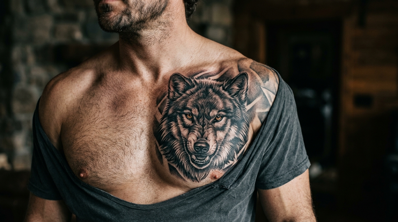 Реалистичная тату волка на мужской груди