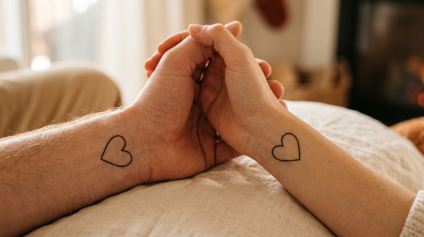 Парные тату в виде сердец на запястьях пары