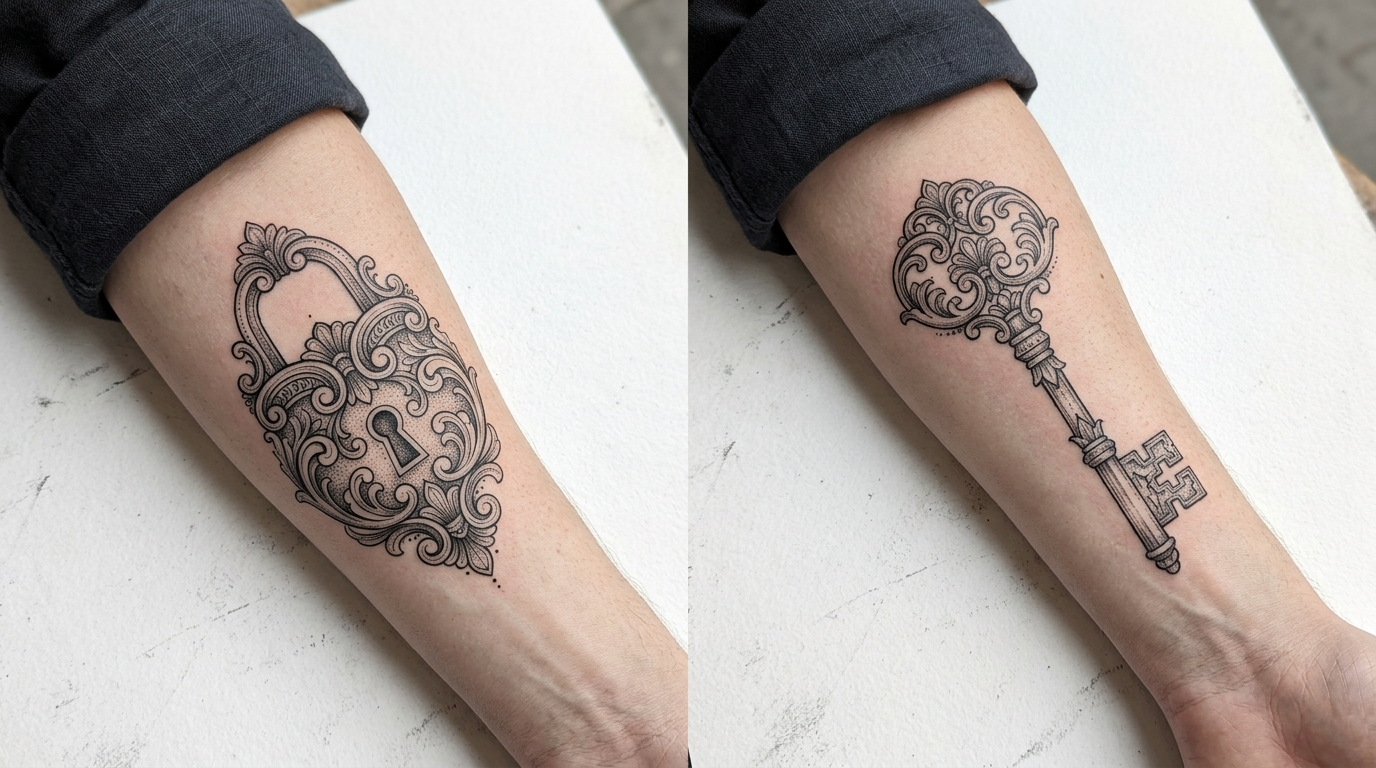 Парные тату замок и ключ в винтажном стиле