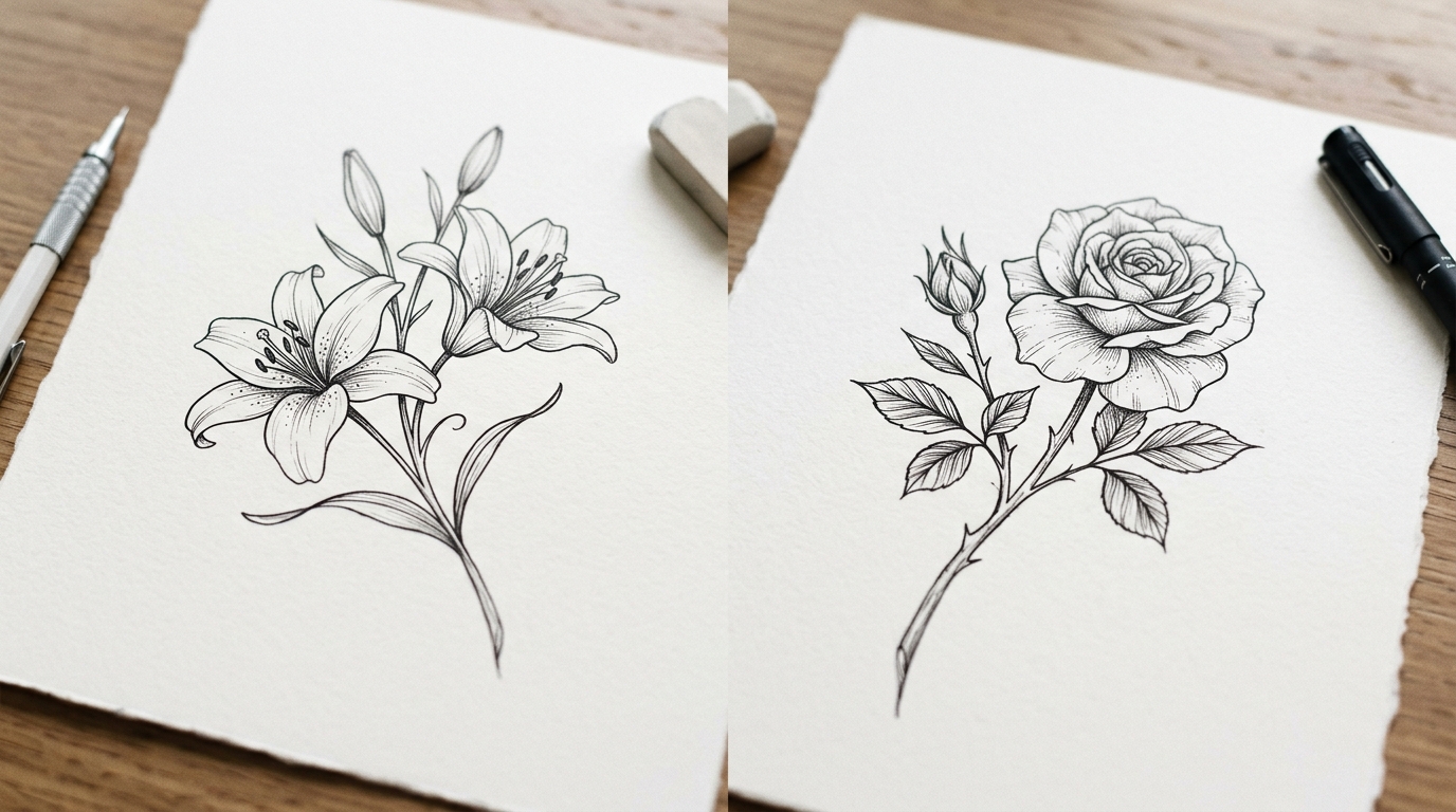 Парные тату для сестёр — цветы лилия и роза