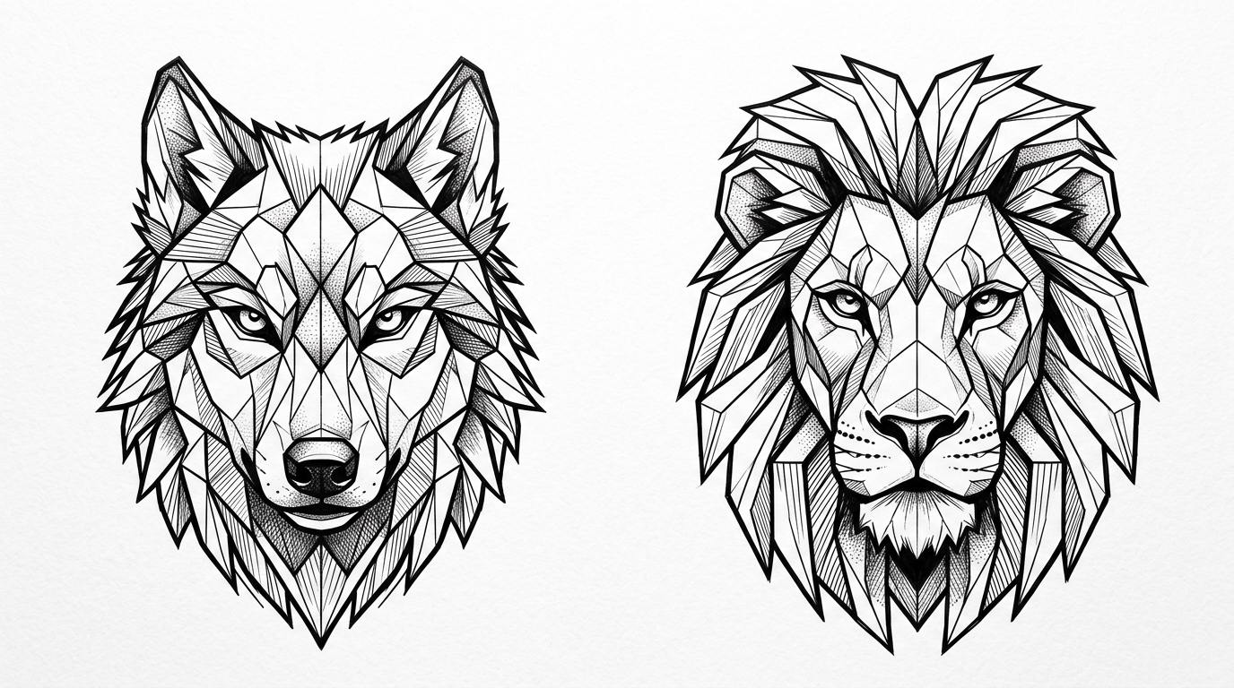 Парные тату волк и лев в геометрическом стиле
