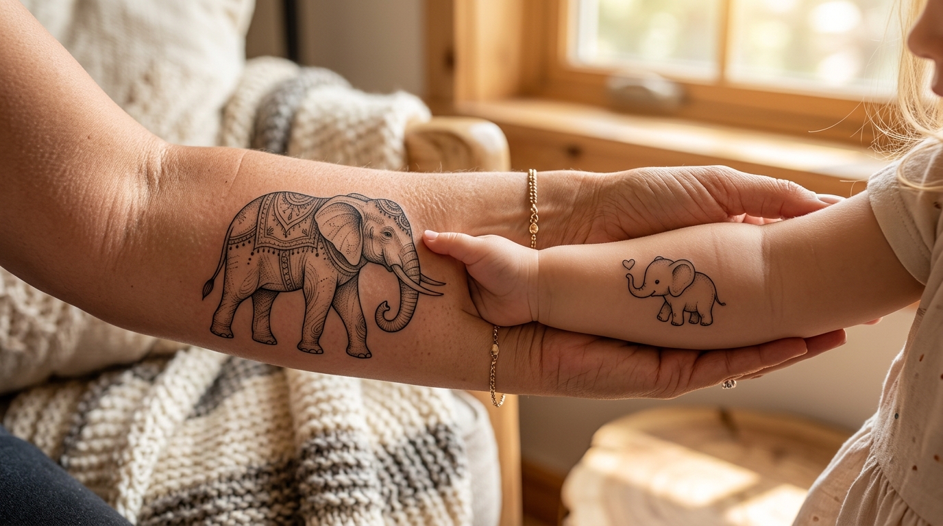 Парные тату мама и ребёнок — слоны