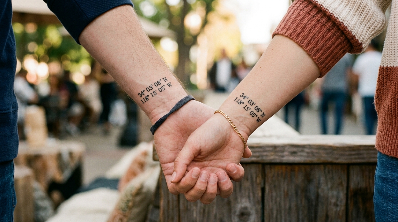 Парные тату с географическими координатами на запястьях