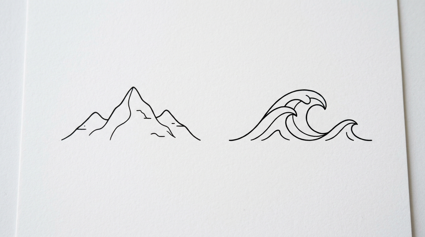 Парные тату гора и волна в лайн-арт стиле