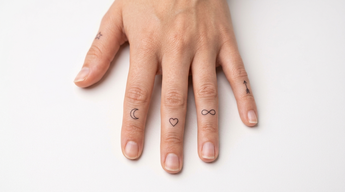 Минималистичные тату-символы на каждом пальце руки — звезда, луна, сердце, бесконечность, стрелка