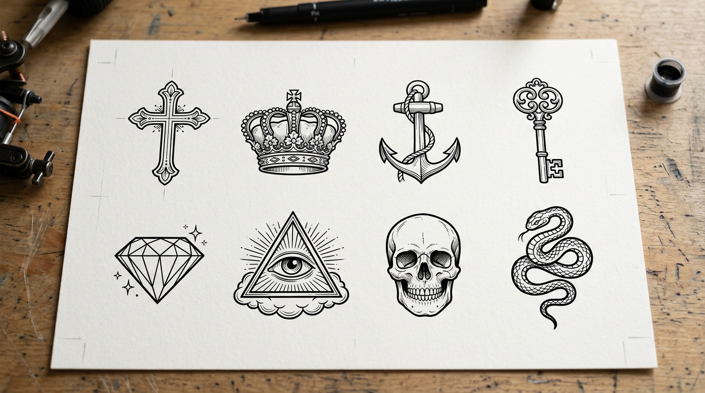 Эскизы популярных символов для тату на пальцах: крест, корона, якорь, ключ, бриллиант, глаз, череп, змея