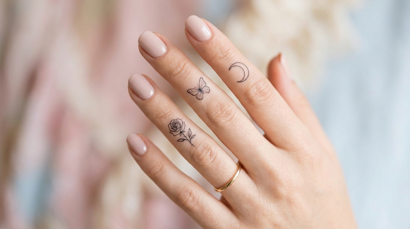 Нежные тату на пальцах девушки — роза, бабочка, луна в стиле fine-line