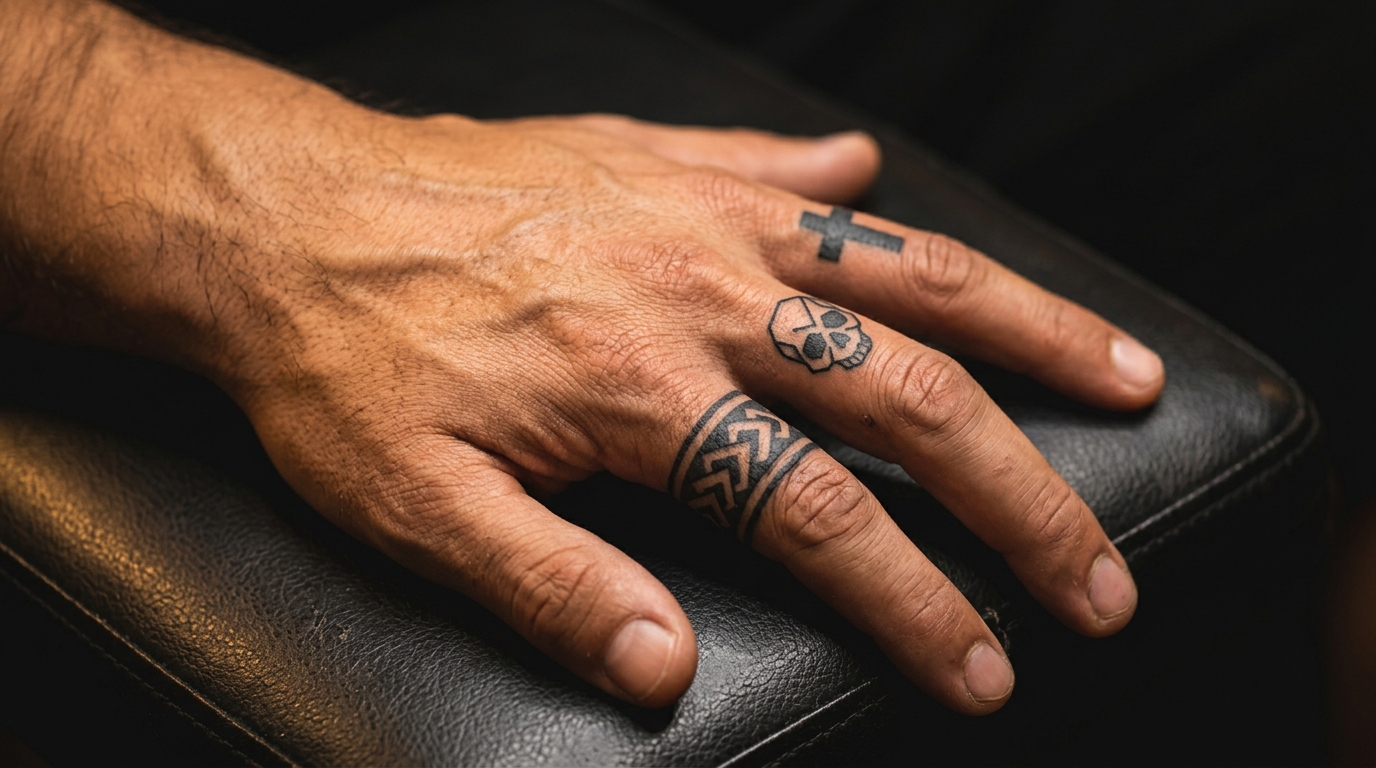 Мужские тату на пальцах — геометрический перстень, череп, крест, брутальный стиль