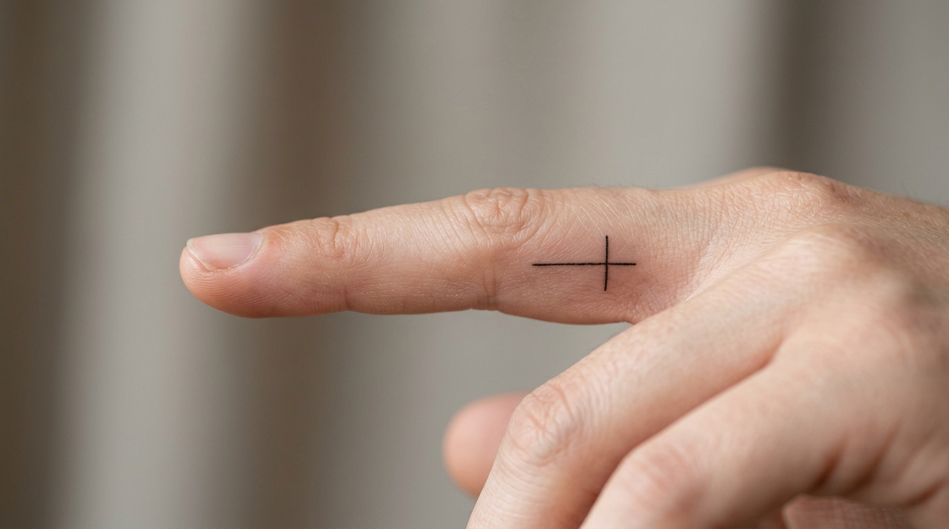 Минималистичный крест-тату на пальце — fine-line стиль