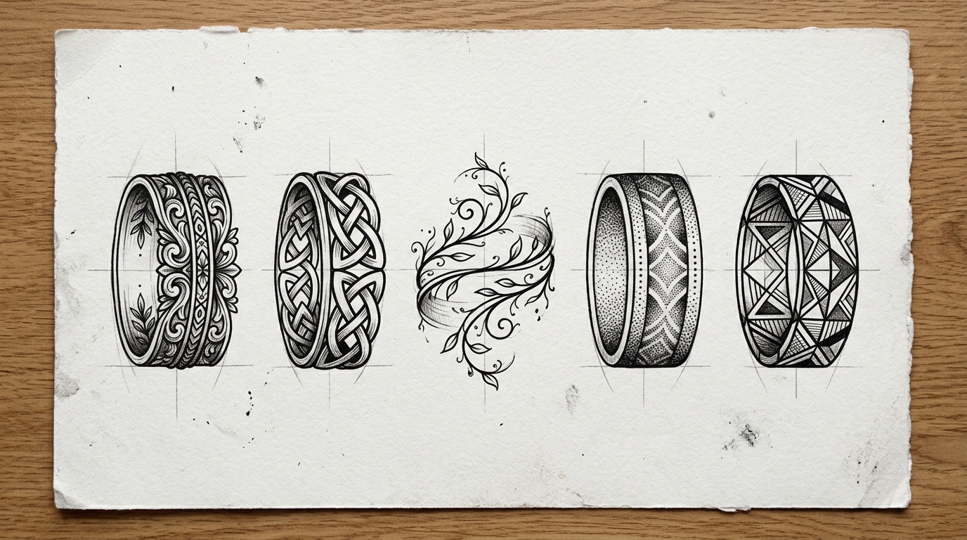 Эскизы тату-перстней — орнаментальные полосы, кельтские узлы, растительные узоры