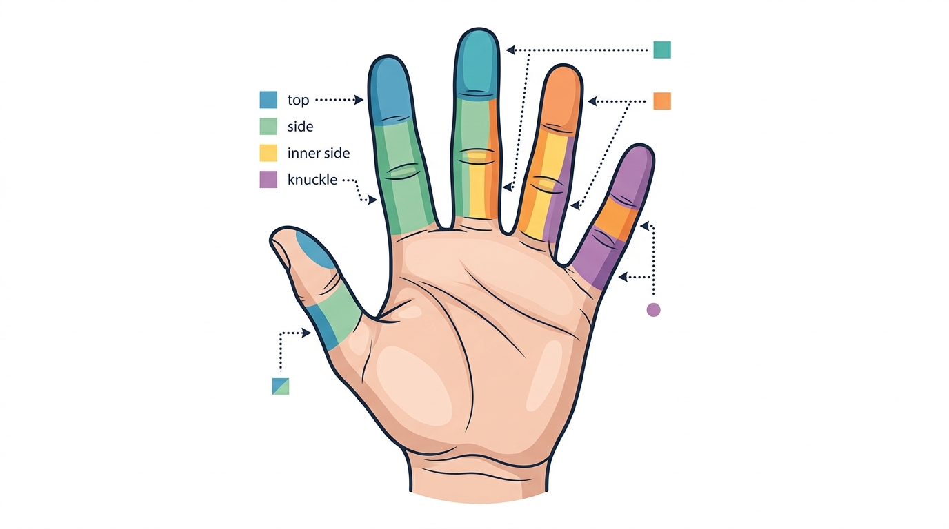 Схема руки с зонами нанесения тату на каждом пальце