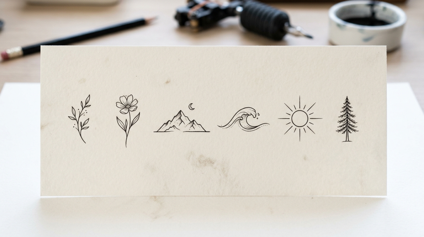 Эскизы природных мотивов для тату на пальцах: листок, цветок, гора, волна, солнце, дерево
