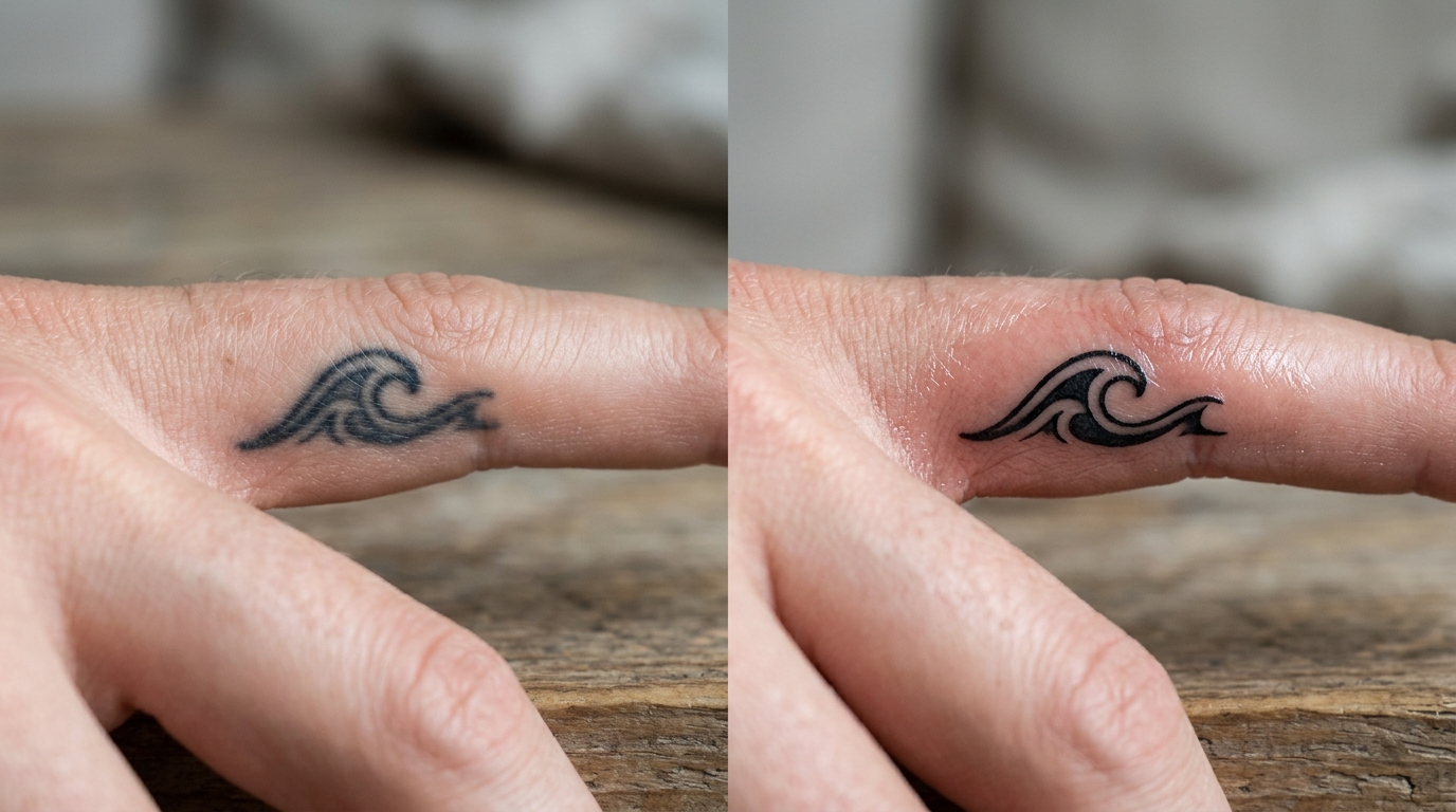 Сравнение свежей и зажившей тату на пальце — различия в чёткости линий