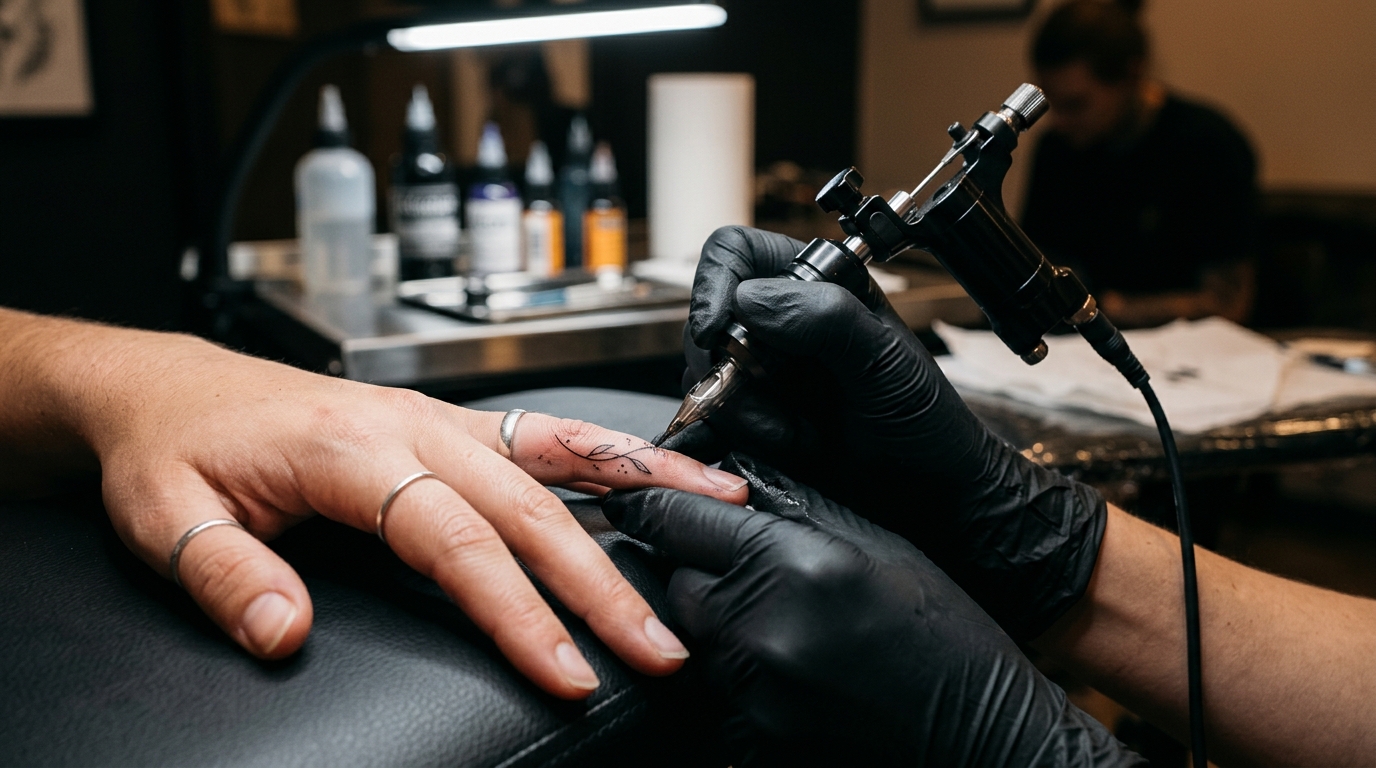 Процесс нанесения тату на палец в тату-салоне — мастер работает тату-машинкой