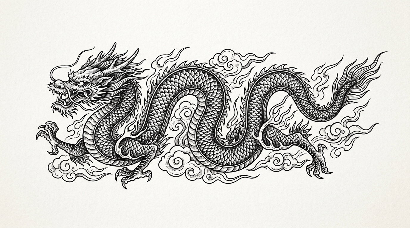 Эскиз татуировки в стиле китайского дракона — детализированная чешуя и облака