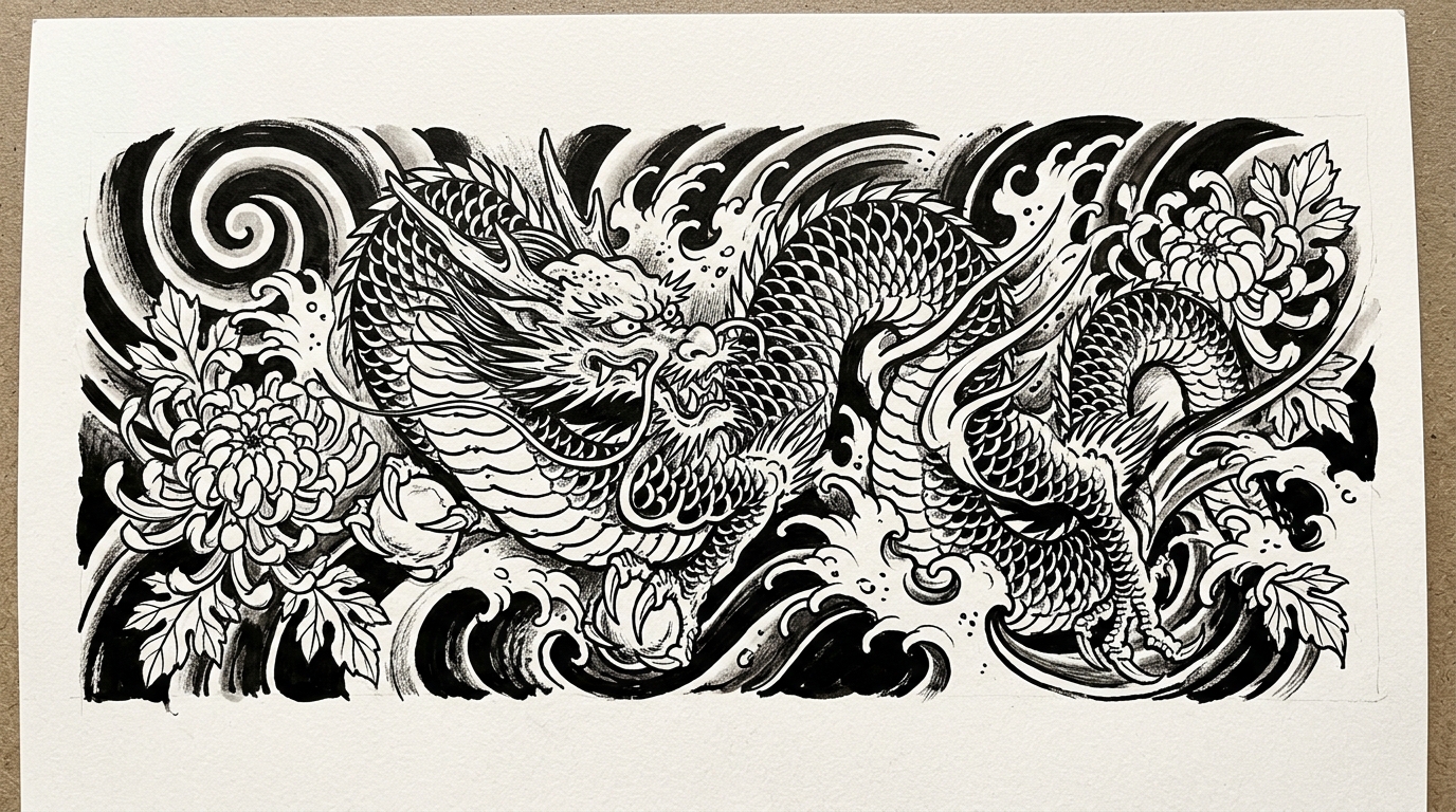 Эскиз японского дракона Рю в стиле ирэдзуми с волнами и хризантемами