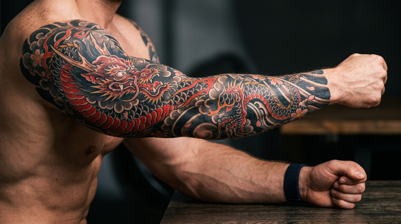 Полный рукав с драконом в японском стиле ирэдзуми — красно-чёрная палитра