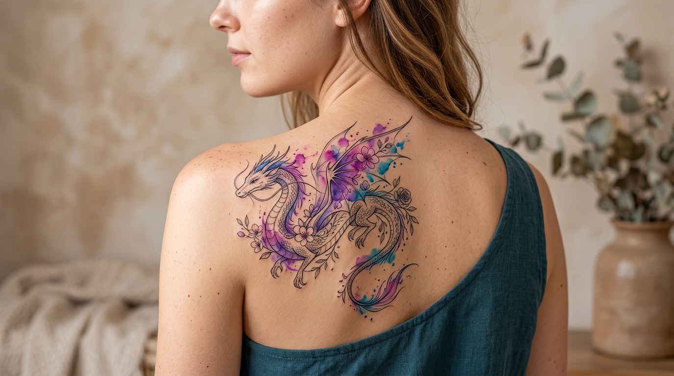 Изящная акварельная тату дракона на женской лопатке — нежные фиолетовые и голубые тона