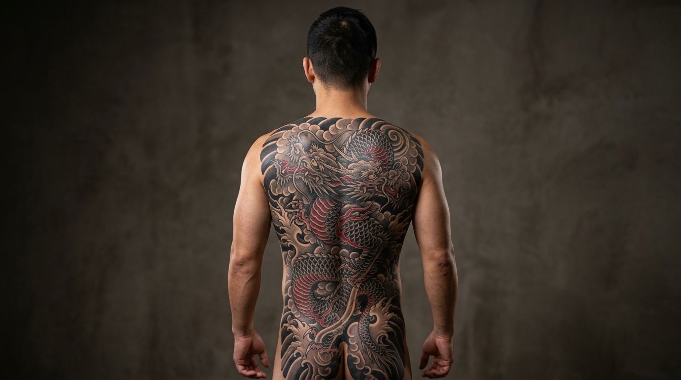 Тату дракон на всю спину в японском стиле — чёрно-красный ирэдзуми