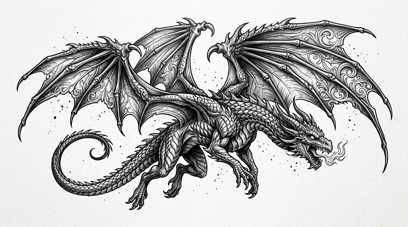 Эскиз дракона в стиле реализм — европейский крылатый дракон с детализированными мышцами