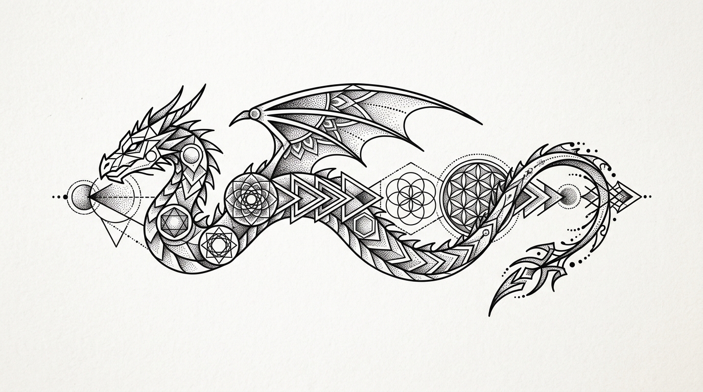 Геометрический дракон — силуэт из линий и сакральной геометрии