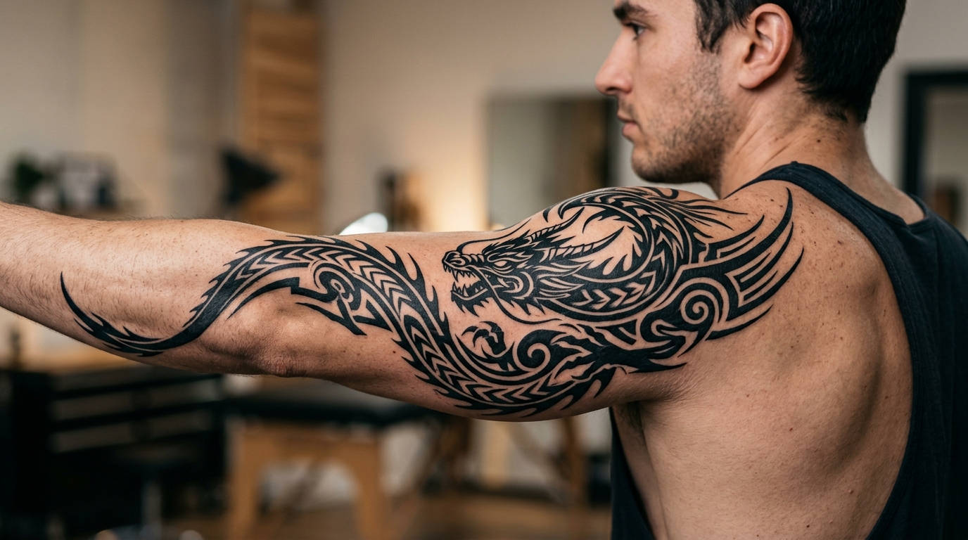 Блэкворк-тату дракона на плече — плотная чёрная заливка, графичный дизайн