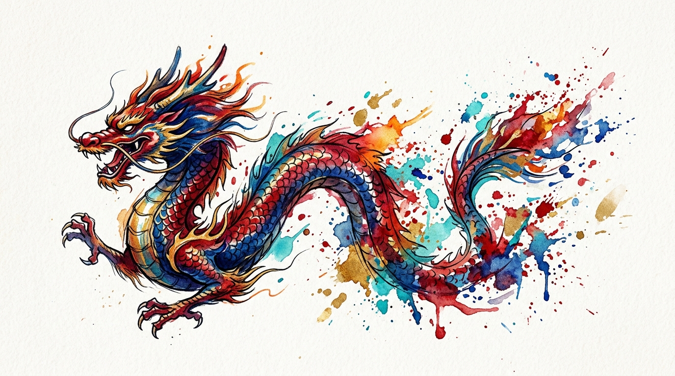 Эскиз дракона в стиле акварель — яркие красные и синие брызги краски
