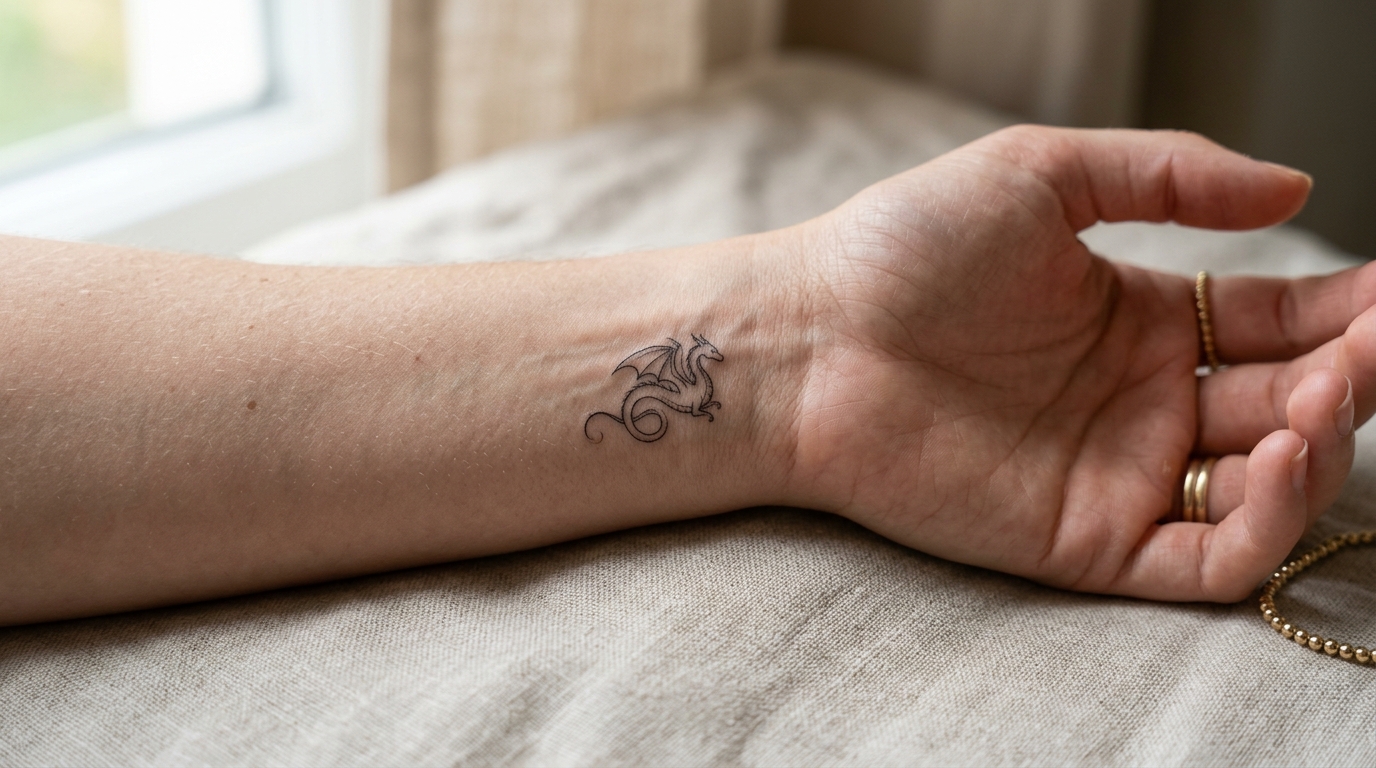Минималистичный дракон на запястье — тонкие линии, маленький размер