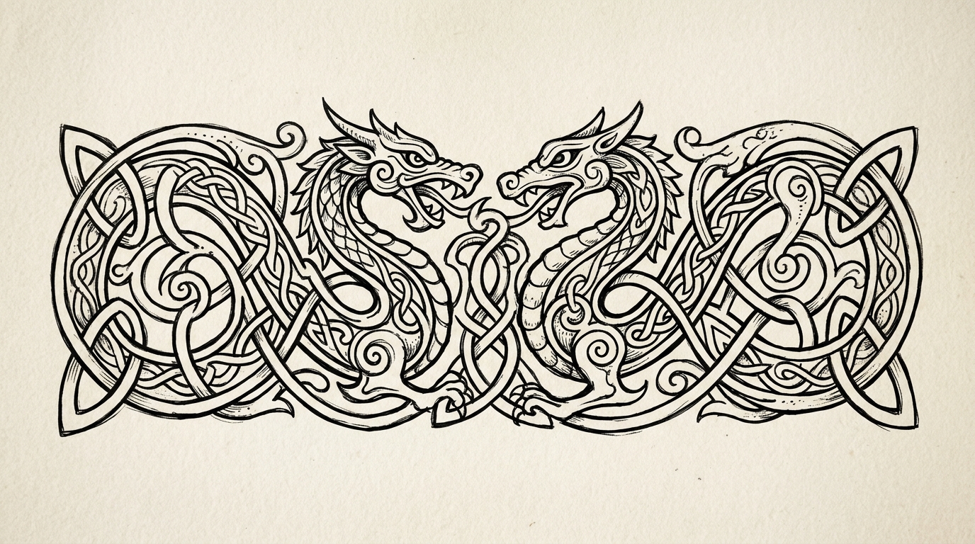 Эскиз кельтского дракона — переплетённые узлы-нотворк
