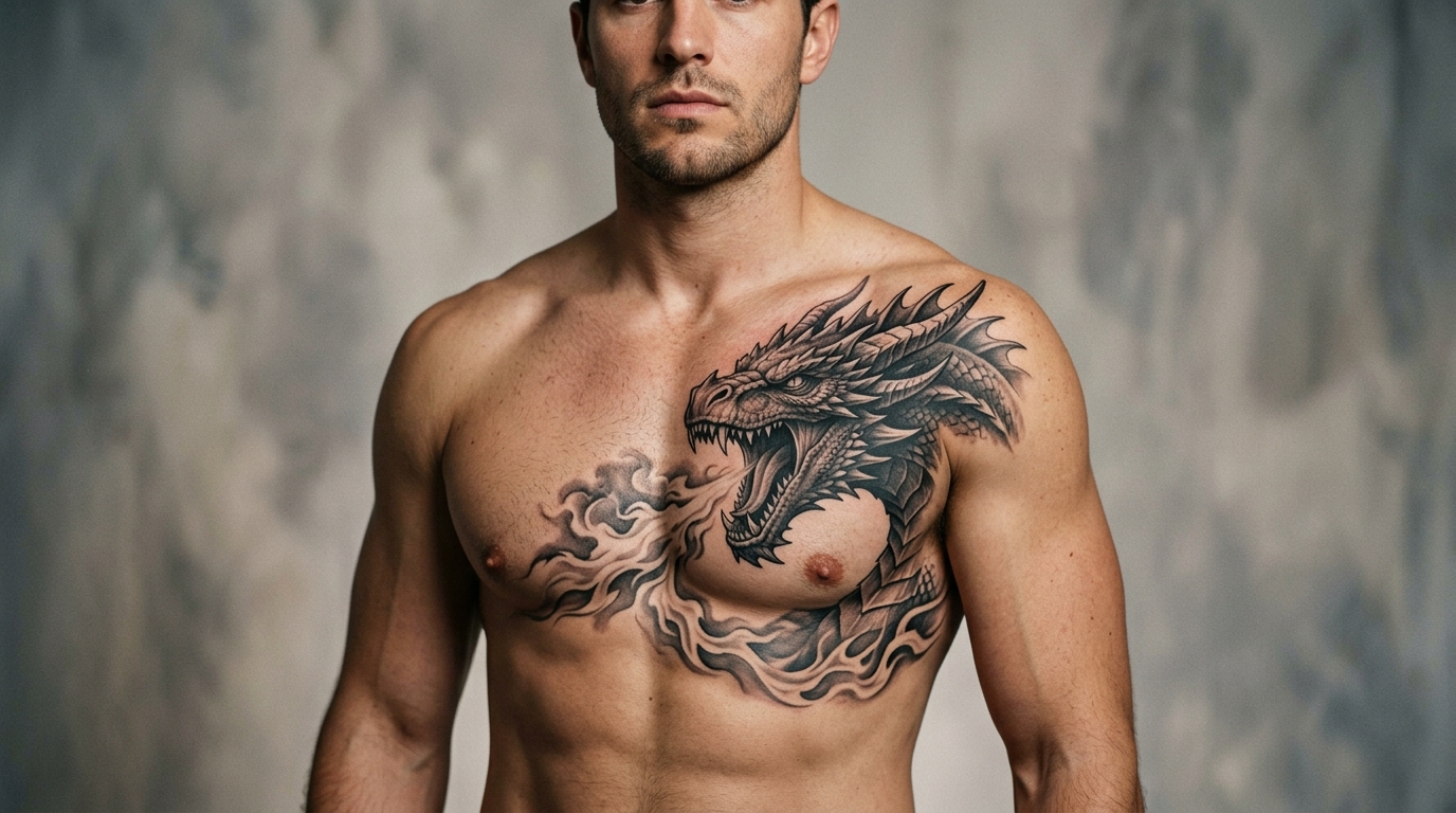 Тату дракон на мужской груди в стиле реализм — дракон с раскрытой пастью и пламенем
