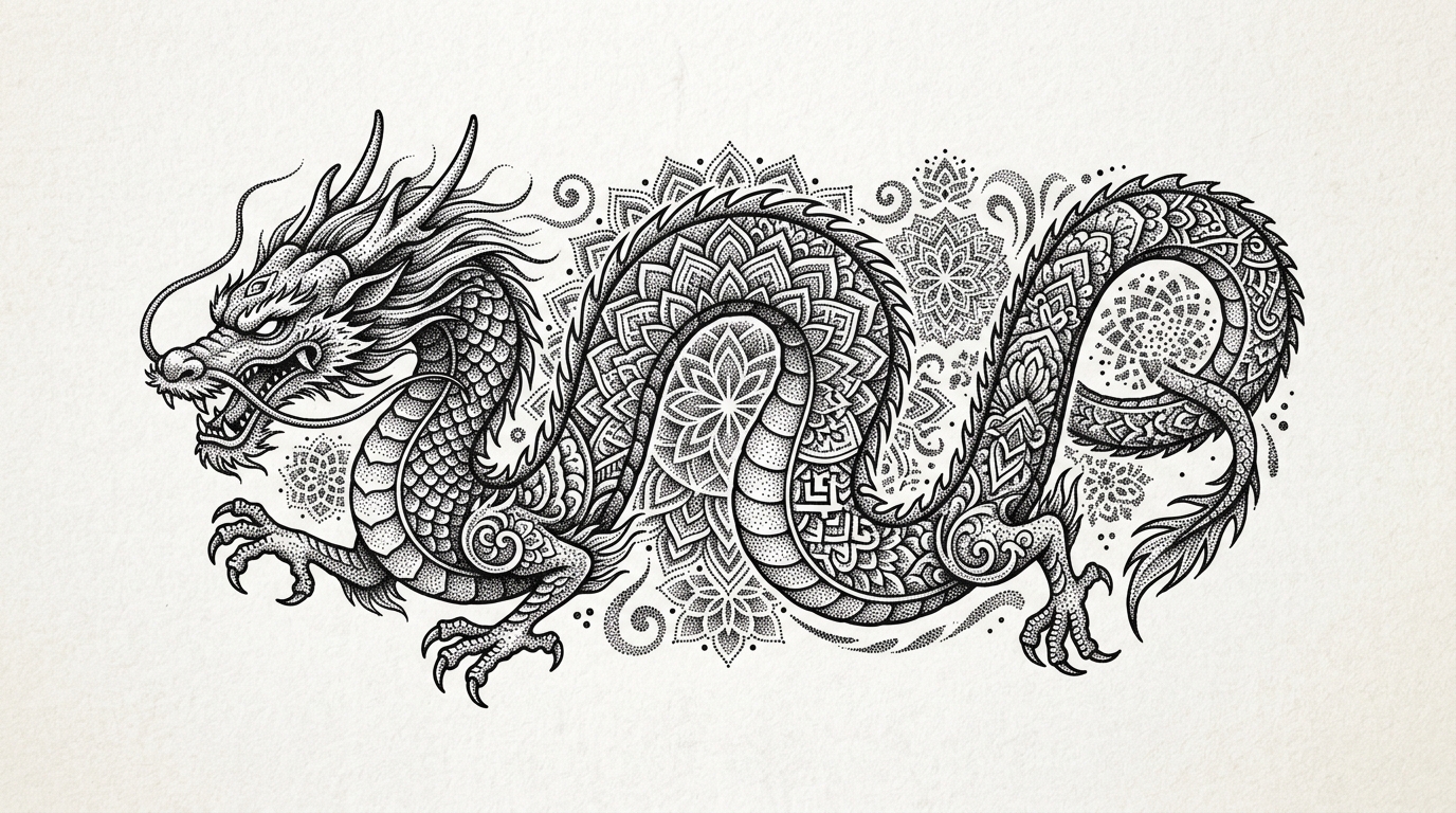 Эскиз дракона в технике дотворк — точечная штриховка с элементами мандалы