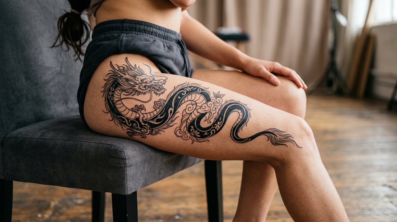 Женская тату дракон на бедре — элегантный дизайн с тонкими линиями и чёрной графикой