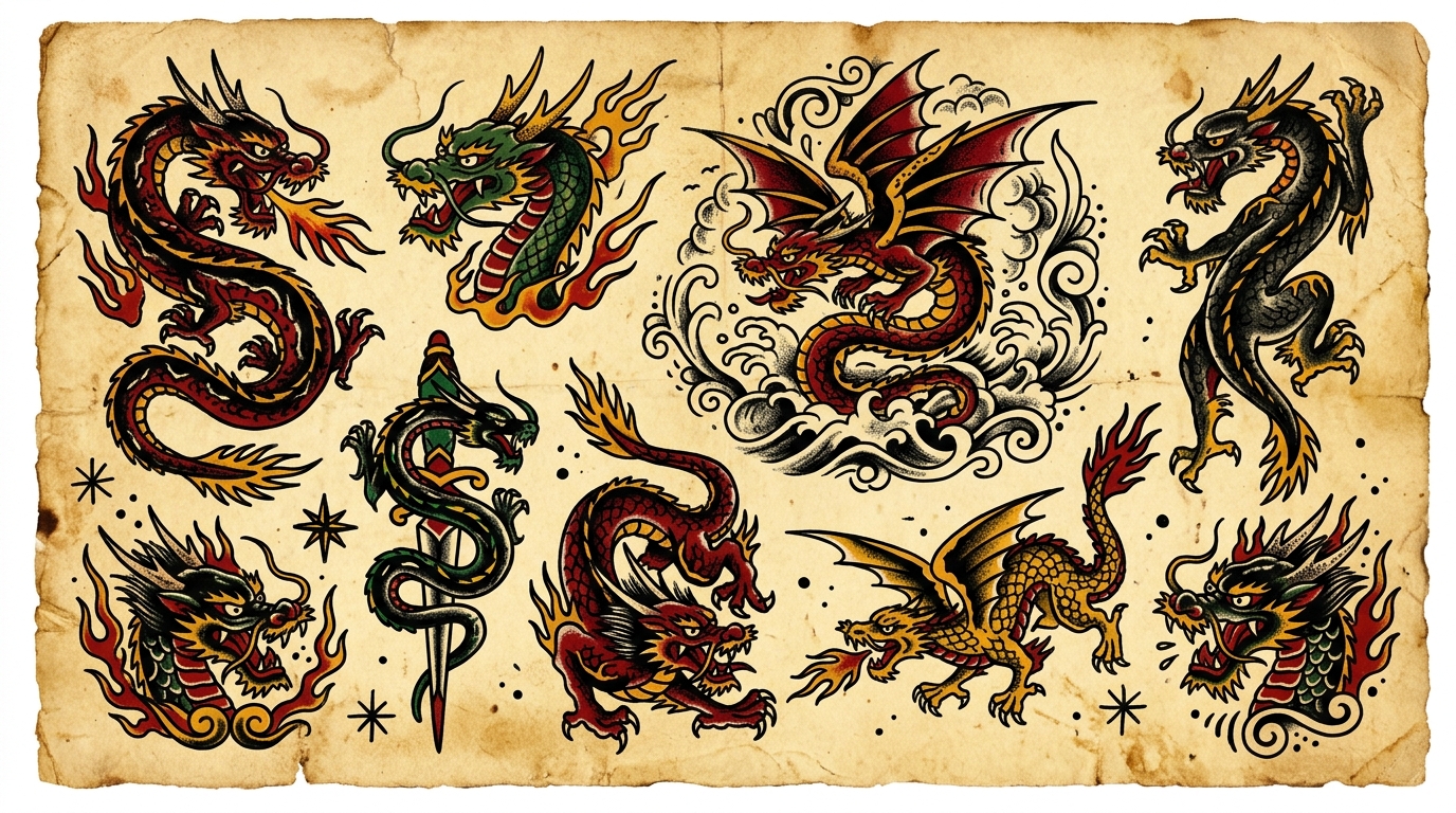 Флэш-лист с драконами в стиле олдскул — яркие цвета и жирный контур