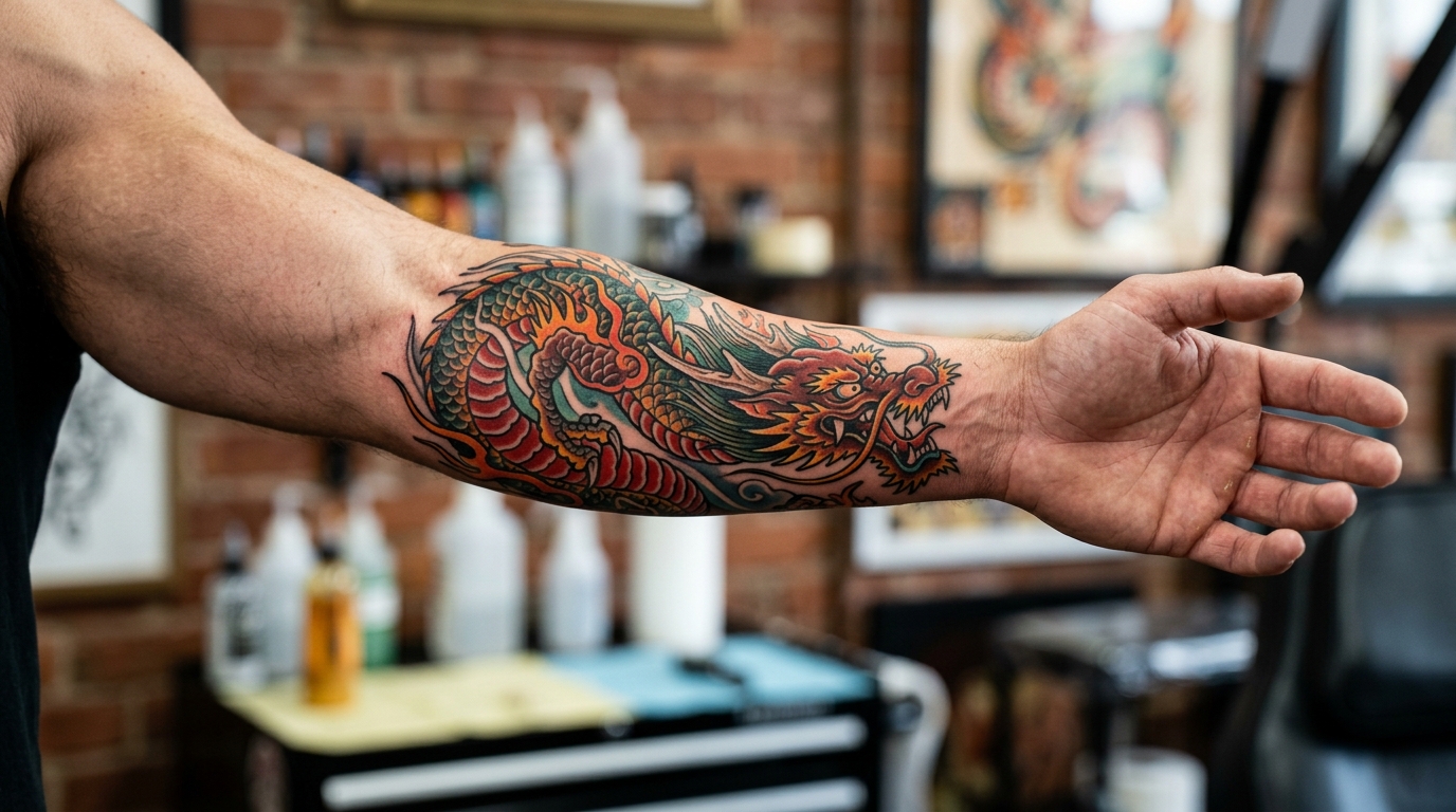 Нео-традишнл дракон на предплечье — яркие цвета и чёткий контур