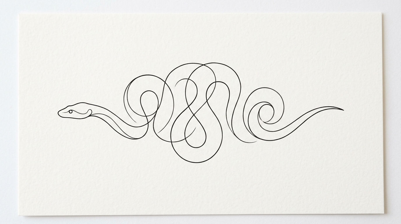 Минималистичный эскиз змеи — тонкая непрерывная линия на белом фоне