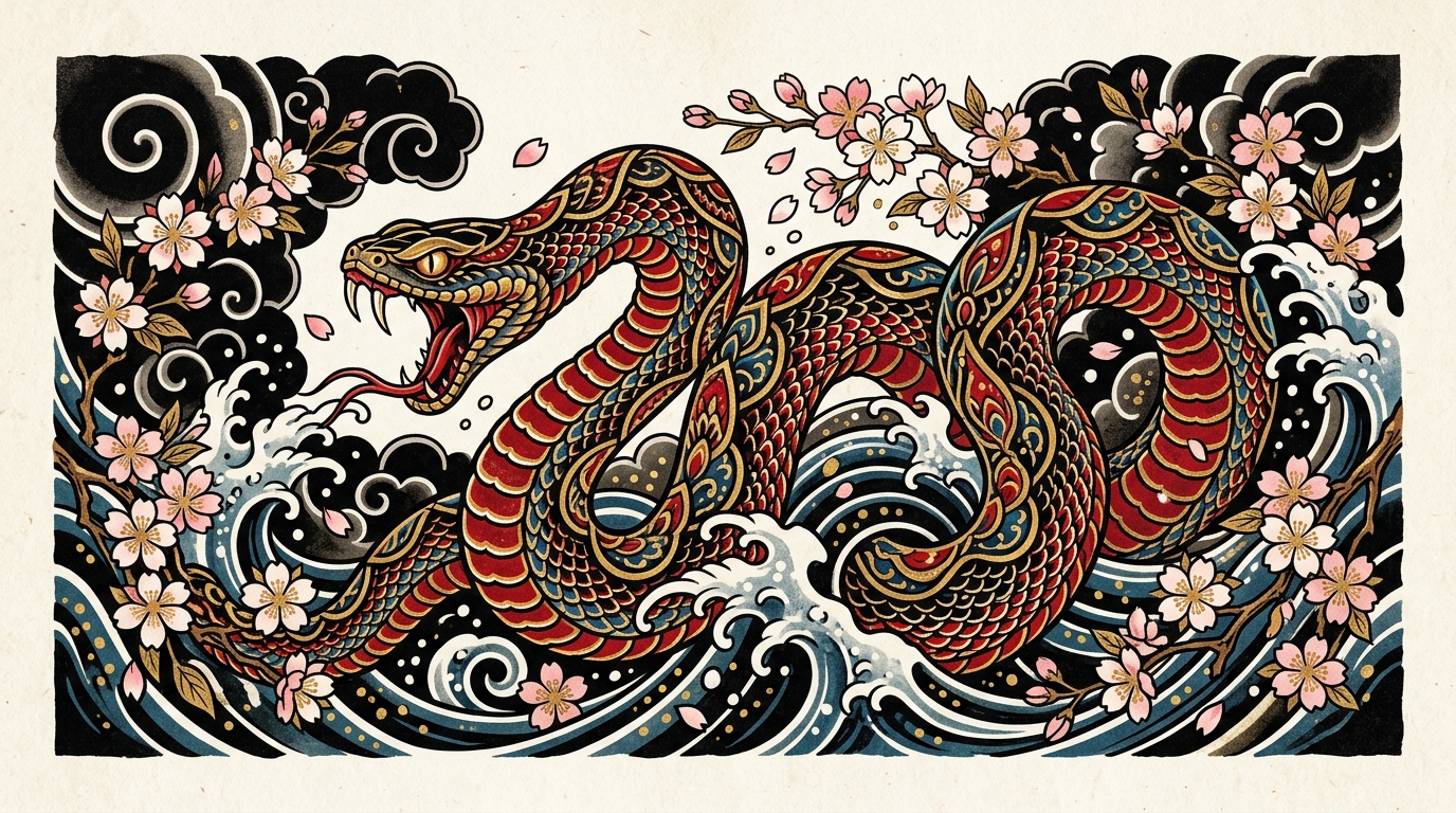 Эскиз змеи в японском стиле ирезуми — яркие цвета, волны и цветы сакуры