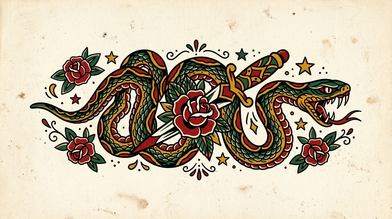 Эскиз тату змея в стиле олд скул — жирные контуры, яркие цвета, классический американский стиль