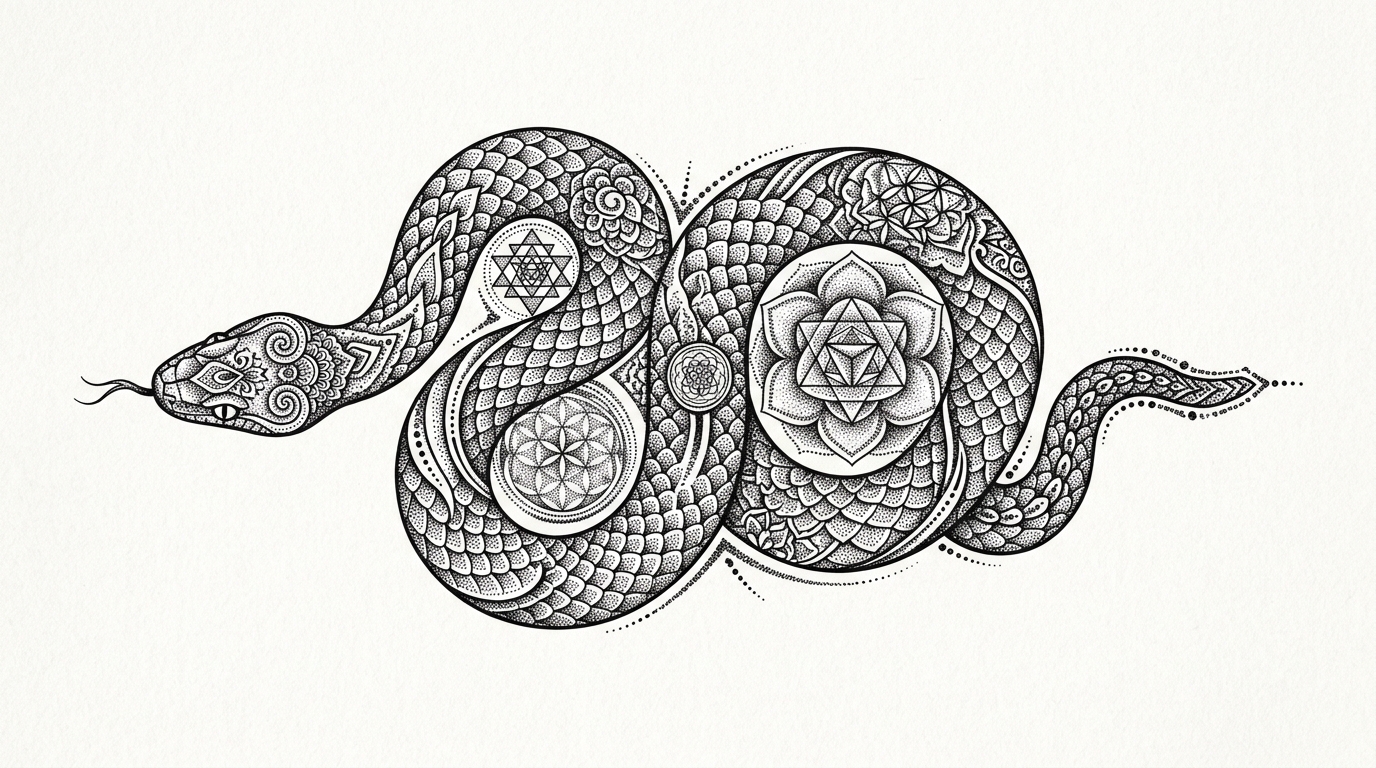 Эскиз тату змея в стиле дотворк — точечная техника с элементами сакральной геометрии